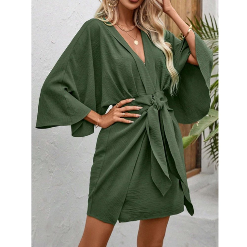 Green Batwing Sleeve Knot Front Mini Dress - Picture 3 of 5